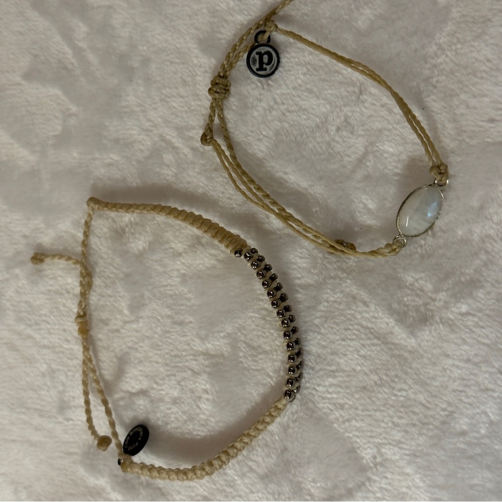 Set of Two Cream Adjustable Pura Vida Bracelets: Zipper and Moonstone NWOT